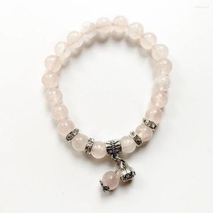 Strand 8MM Natural Pink Crystal Quartz Stone Beads Metal Tibetan Silver Pendants Lotuscharms Stretch Bracelet Wholesale 1pc