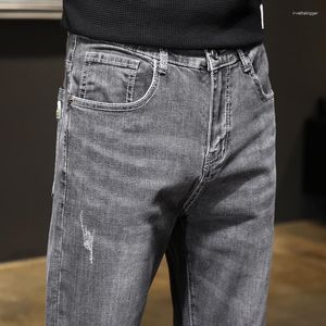 Erkek kot moda markası ince gri sıska erkekler iş rahat klasik pamuk trend elastik gençlik kalem denim pantolon