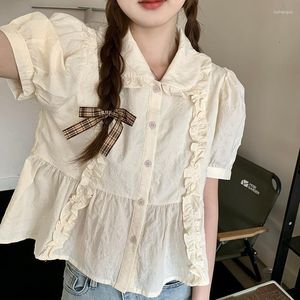 女性のブラウスDuofan Korean Sweet Solid Color Wooden Edge Doll Neckかわいい短い袖のシャツ夏のスタイルトップ2023 Blusas