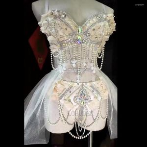 Stage Wear Sparkly Rhinestone Beading Bikini Gauze Skirt Electric Music Festival Party Dance Costume Sexy DJ Gogo Performance Clothes