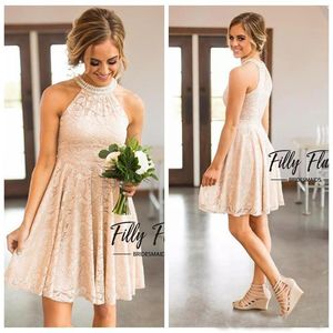 O-Neck Full Lace Short Bridesmaid Dresses Beaded With Pearls Collar Jewel Neck Zipper Back Western Maid of Honor Dresses Cheap236d