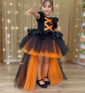 Girl Dresses Elegant Black Orange Tulle Halloween Dress Girls Christmas Long Train Customise Flower Prom Gown