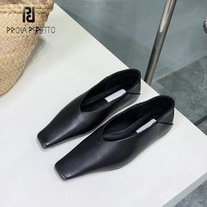 Dress Shoes Retro Ladies Squared Toe Real Leather Deep Mouth Flat Slip on Yellow Black Autumn Chic Fashion Loafers Daily Walking Shoe 230807