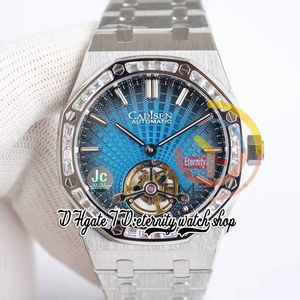 JCF JCF26521 MENS Titta extra tunn A2924 Automatisk Tourbillon 41mm Baguette Diamonds Bezel Blue Tapisserie Dial Stainless Steel Armband Super Edition Watches