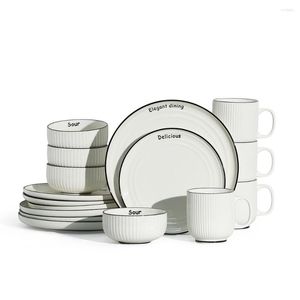 Pratos Conjunto de Louça Serviço Para 4 Porcelanas e Tigelas Fácil de Limpar 16pcs Simples Listras Brancas Louças de Cerâmica Atacado