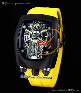 Bugatti Chiron Tourbillon Autoamtic Mens 시계 PVD 강철 케이스 검은 골격 다이얼 옐로우 고무 슈퍼 버전 Herrenuhr Reloj Hombre 시계 BU200.21 PURETIME C3