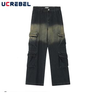 Men's Jeans Gradient Dyed Denim Pants Mens High Street Hip Hop Multi-Pocket Loose Wide Leg Pants Men 230804