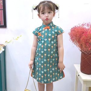 Etnik Giyim Çin tarzı Cheongsam Kızlar için Çiçek Baskı Kısa Kollu Elbise Yaz Hanfu Qipao Kids Cadılar Bayramı Kostümleri
