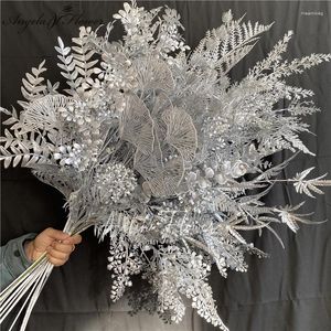 Декоративные цветы Серебряная серия DIY Свадебные искусственные цветочные материалы материалы Plam Eucalyptus оставляет растения трава Christams Home