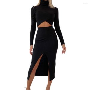 Work Dresses Ribbed Knitted Women Two Piece Matching Set Turtleneck Bodycon Long Sleeve Crop Top Split Midi Skirt 2023 Autumn Clothing