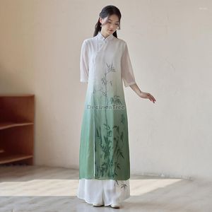 Ethnic Clothing 2023 Chinese Vintage Art Women Elegant Cheongsam Dress Ao Dai Traditional Mandarin Collar Vietnam Evening Party