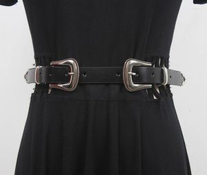 Ремни женская взлетно -посадочная полоса мода черная подлинная кожаная винтажная винтажные