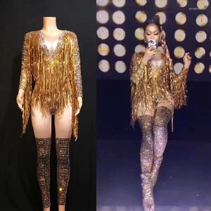 Sahne Giyim Altın Rhinestones Pullar Tassel Tulum Uzun Kollu Elastik Skinny Leotard Seksi Moda Bar Gece Kulübü Dans Kostüm