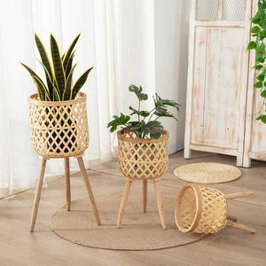 Planters krukor bangku tanaman bambu dudukan tanaman tangan dalam ruangan dengan keranjang kayu tangan pemegang potten bunga untuk potten