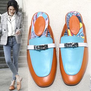 Slippers Summer New Style Outter Wear Metal Buckle Cowhide Baotou Half Tow Sandals Женская низкая дна ленивая сеть красная большая расцвет