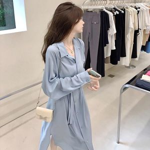 Casual Dresses 2023 Spring Normcore High-klass French Style Temperament Long Shirt Kjol Blue Sleeved Dress for Women