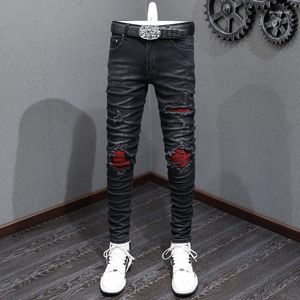 Męskie dżinsy High Street Fashion Men Retro Black Grey Etrapt Chude Red Red Patled Designer Mer Mand Brand Pants Hombre