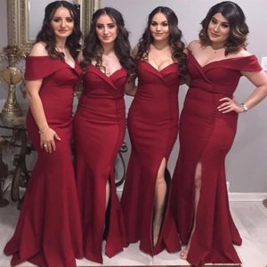 Robe demoiselle d'honneur Mermaid Burgundy Bridemaid Dresses Off The Shoulder Sexy Slit Formal Wedding Party Gowns247F