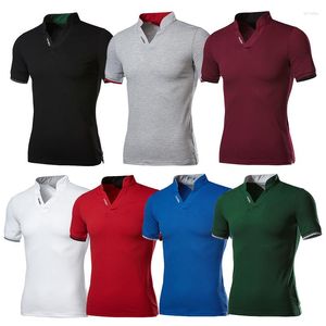 Erkekler Tişörtleri Yaz Kısa Kollu V-Neck T-Shirt Polo Boyun İnce Top Sıradan Spor Düz Renk