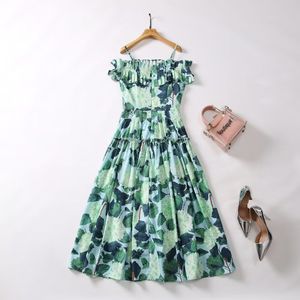 2023 Summer GreenFloral Print Dress Sleeveless Square Neck Midi Casual Dresses A3Q012215
