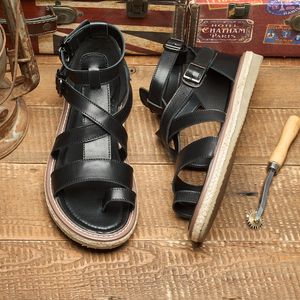 Sandals Vintage Mens Genuine Leather Luxury Quality Handmade Summer Style Italian Casual Ankle Outdoor Shoes Man 230807