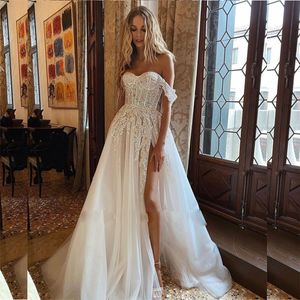 Sexig illusion Bodice Corset Wedding Dress with Off Shoulder Lace Sequin Bling Wedding Dress for Bride Split Bridal Gown