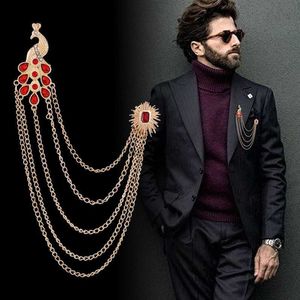 Pins Brooches New Retro Brooch Pin Badge for Men Suit Peacock Tassel Collar Pins with Chain Shirt Crystal Corsage Luxury Jewelry Accessories HKD230807