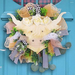 Decorative Flowers Floral Wreath Highland Cattle Design Adorable Realistic Appearance For Home/Party/Front Door/Porch/Wall Decoration
