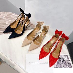 Aquazzura the back Rabbit ear decoration Bridal shoes stiletto Heels heeled Chamois Suede pumps shoes women Luxury Designers dress shoe for party105mm With box