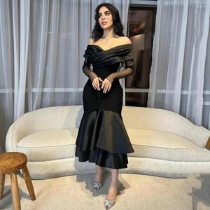 Party Dresses Black Satin And Tulle Length Cocktail Off Shoulder Long Sleeves Homecoming Birthday Gowns Mermaid Dress