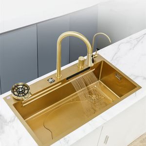 Pia de cozinha de ouro 75*46 cm em cascata de aço inoxidável 304 grande compartimento único Bacia de vegetais de lavagem de ouro com lavadora de copos