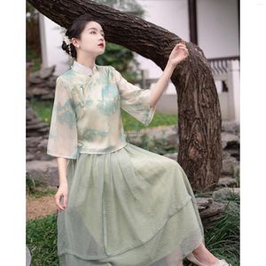 Roupas étnicas 2023 Estilo Chinês Vestido Feminino Arte Vintage Lady Qipao Diário Feminino Tinta Lavagem Pintura Conjunto Hanfu