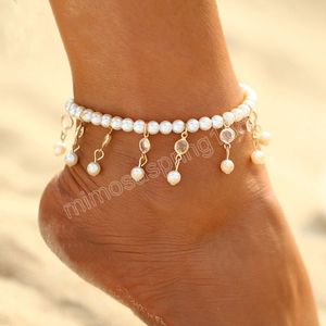 Fashion Summer Beach Crystal Anklet For Women Bohemian Gold Silver Color Foot Chain Elasticity Pearl Ankle Armband Accessories