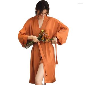 Kvinnors sömnkläder Autumn Silk Satin Women Robe Long Sleeve 2 Pieces Set Bathrobe Casual Soft Female Robes