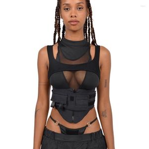 Women's Tanks Black Sexy Mesh Cropped Tank Top See-through Hollow Out Patchwork Techwear Sleeveless Zipper T-Shirt With Pocket For Women