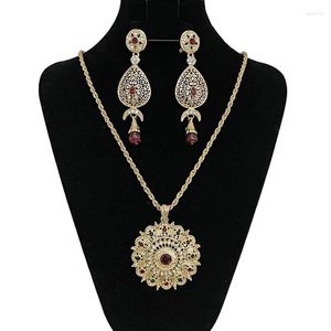 Pendant Necklaces Gold Plated Necklace Set For Bridal Green Red Rhinestone Pendants Water Drop Earring Morocco Arabic Wedding Jewelry Women