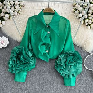 2023 Summer Women's Bluses Floral Long Lantern Sleeve Ruffles Stitching Bluses Women Lapel Collar Single Breatsed Solid Color Loose Shirt Top