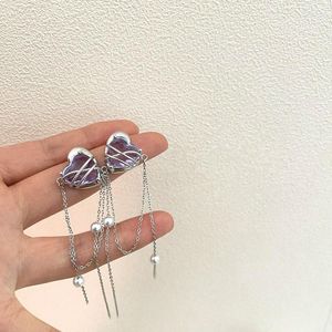 Dangle Küpeler Aomu Şık Mor Kalp Zirkon İmitasyon İnci Alaşım Damlası Kadınlar için Kızlar Tassel Piercing Mücevher Hediyeleri