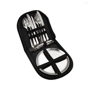 Dinnerware Sets 10PCS Portable Travel Flatware Set 410 Stainless Steel Bbq Clips Spoon Fork Knife Plate Cutlery In Bag