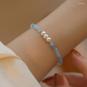 Braccialetti con ciondoli Minar fatti a mano placcatura in oro 14 carati ottone barocco perla d'acqua dolce colore blu pietra naturale filo di perline per le donne