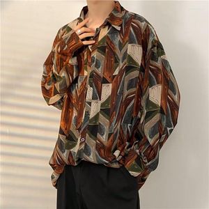 Herren-Freizeithemden, Vintage-Kleidung, lockeres Design, Druck, Langarm-Hemd, geometrisches Spleißen, Übergröße, Herbstambiente, Aense Chic Menswear