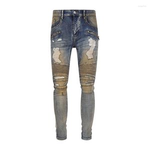 Herr jeans 2023 high street mode mager rippade blixtlås trim kamouflage ränder byxor hip hop stretch smal fit manliga byxor