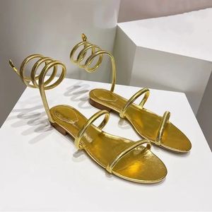 Rene Caovilla Womens Crystal Hollow Sandals äkta läder Toe Runway Party Fashion Sandals lågklackad design lågklackade tofflor 34--41Size