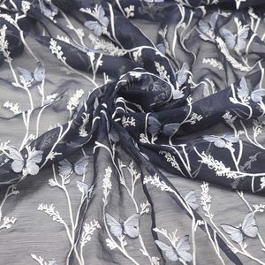 Chinese Products 45*130cm Embroidery Navy Organza Butterfly Flowers Wedding fabric Lace Fabrics for Dress Diy Sewing Supplies Crafts