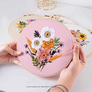 初心者向けの中国製品刺繍キットハンド刺繍カラフルな花の植物DIYキット刺繍フープ針スレッド