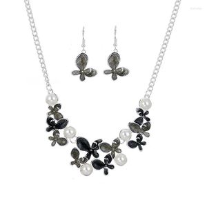Necklace Earrings Set Alloy Oil Drip Imitation Pearls Beautiful Butterfly And Dangle For Women's XL19