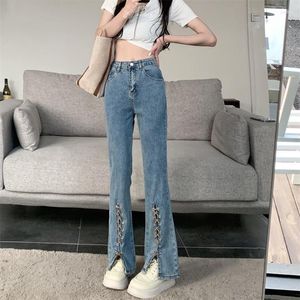 女子ジーンズY2Kブルーパンツハイウエストストレートストレートトランペットゴシックパンツレッグスプリットタイロープビンテージ服