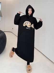 Casual Dresses 2023 Winter Autumn Korean Long Hoodies Woman Dress Vestidos Loose Bear Brodery Plus Size Fleece Thicked Warm Hooded