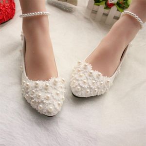 New Arrival Pearls Lace Flowers Wedding Shoes Flats 3CM Or 8CM Bridal Heels With Pearl Strap Pointed Toe Heel2266