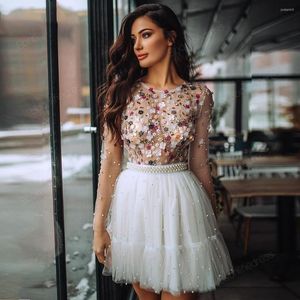 Party Dresses BeryLove A Line Beaded Flower Printed Short Homecoming Dress Transparent Gown Pearl Belt High Waist Prom Graduation